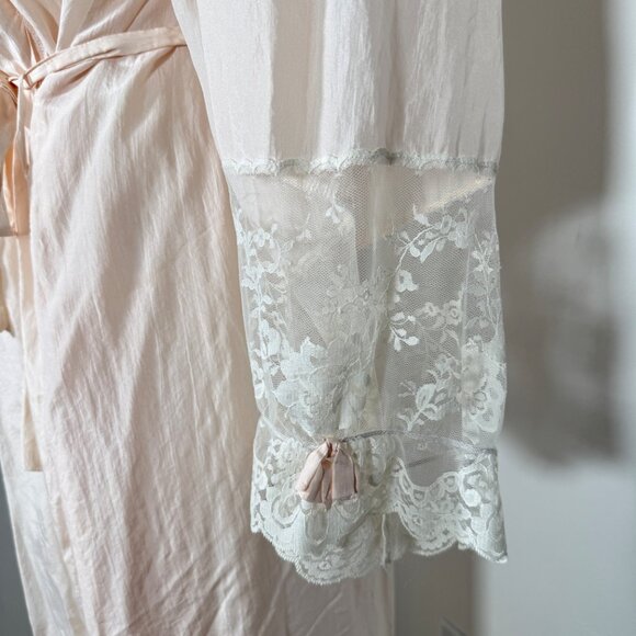 Vintage Linda 100% Silk & Lace Maxi Robe Long Coquette Romantic Light Pink M - Picture 3 of 16